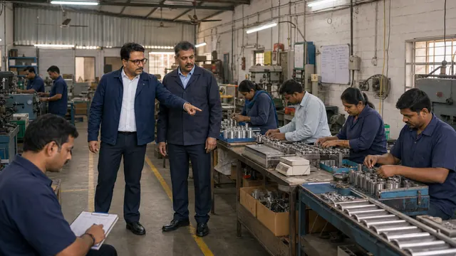 Rishi Jain on a factory floor, pointing out a part to a colleague while workers assemble metal parts at benches behind them