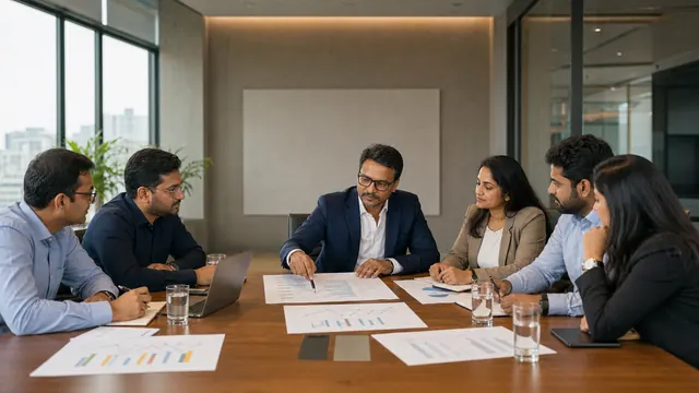 Rishi Jain pointing at printed charts on a boardroom table, with five colleagues around him