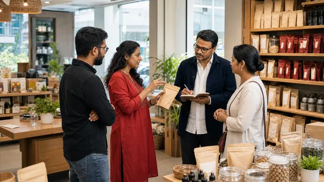 Rishi Jain taking notes in a shop while a woman shows a paper pouch of product to him and two other people