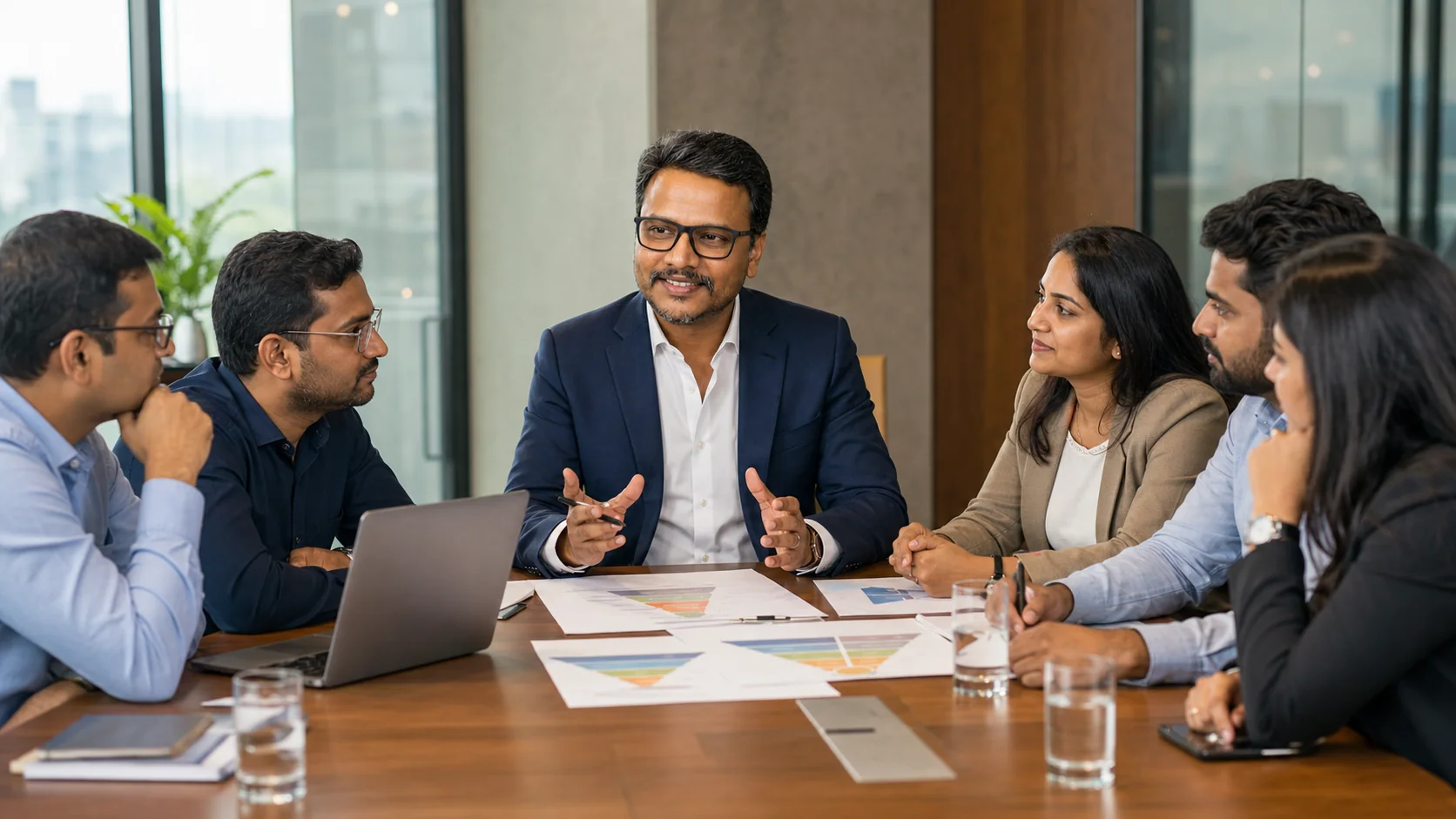 AI-composed illustrative scene of Rishi Jain leading a collaborative growth review with a client leadership team