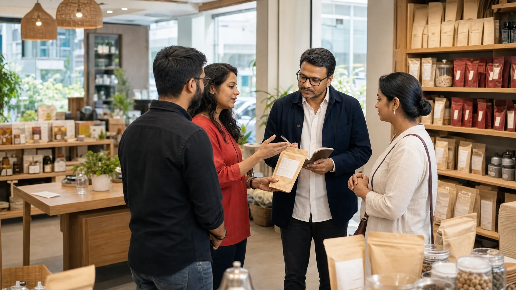 AI-composed illustrative scene of Rishi Jain listening to customers during product research