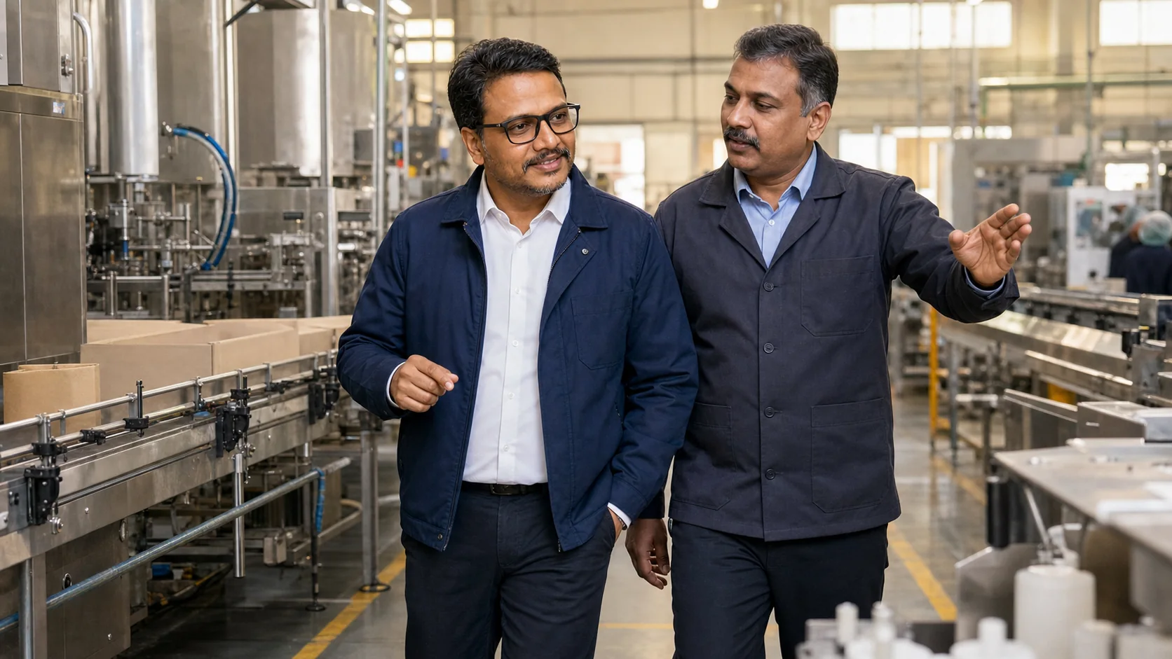 AI-composed illustrative scene of Rishi Jain examining a consumer-goods factory line with an operations leader