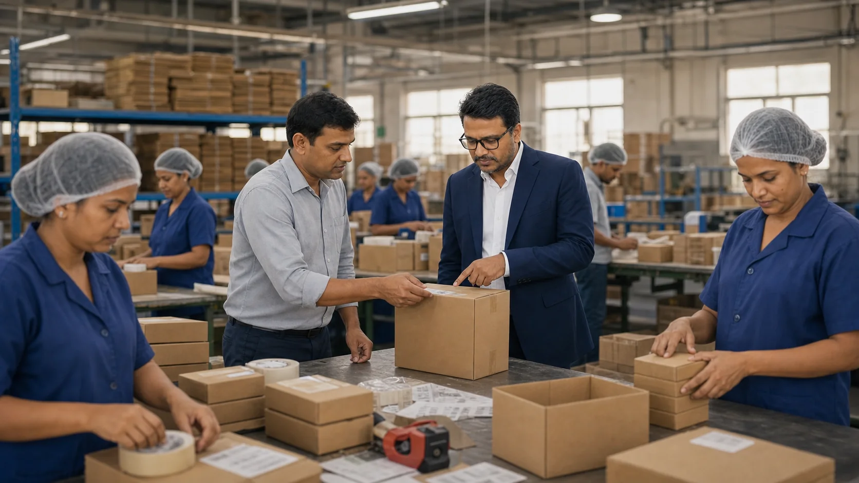 AI-composed illustrative scene of Rishi Jain reviewing product packaging with a packing team